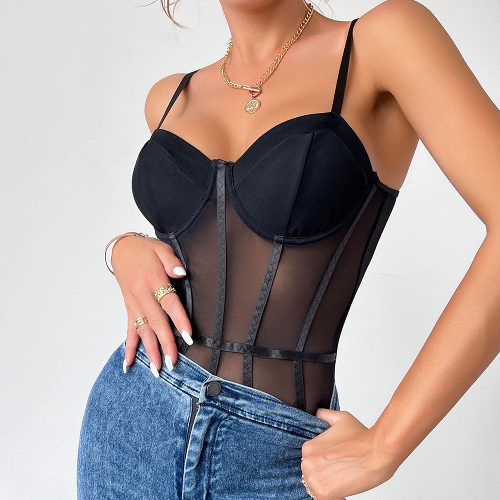 Women's Sheer Mesh Sleeveless See Through Backless Bustier Cami Bodysuit Tops