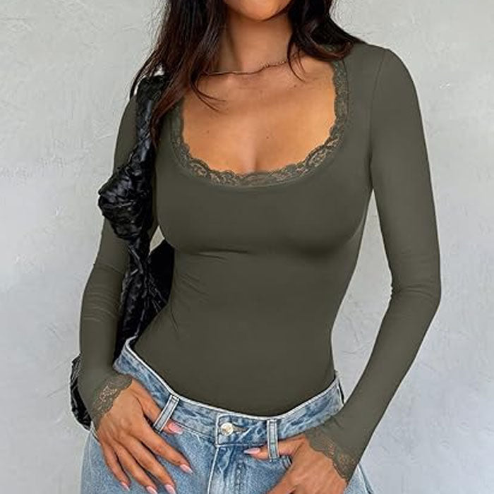 Women's Sexy Lace Scoop Neck Long Sleeve Double Lined Layering Slim Bodysuit Tops