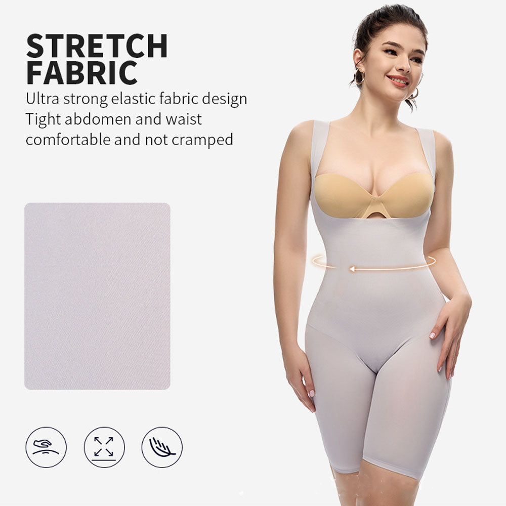 Women Seamless Firm Tummy Control Shapewear Bodysuit Open Bust Mid-Thigh Full Body Shaper for Dresses