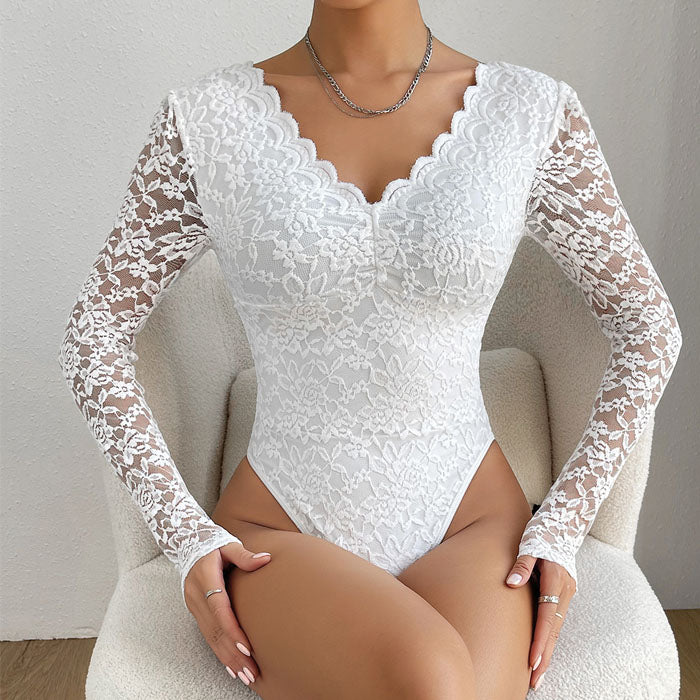 Tight Long Sleeve V-neck Lace Jumpsuit