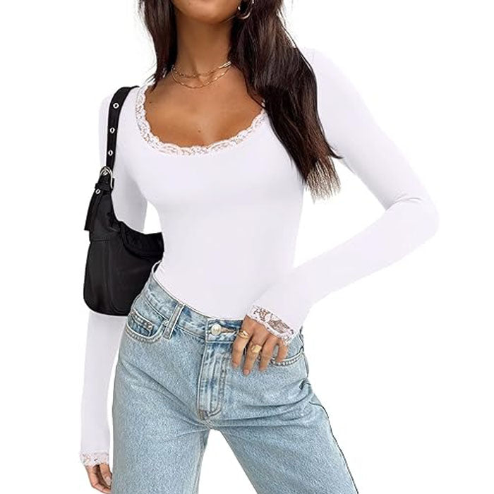 Women's Sexy Lace Scoop Neck Long Sleeve Double Lined Layering Slim Bodysuit Tops