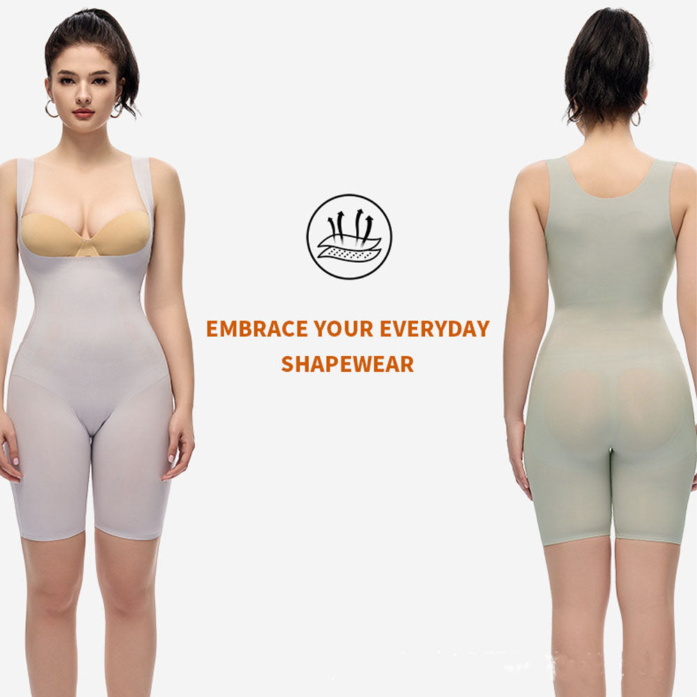 Women Seamless Firm Tummy Control Shapewear Bodysuit Open Bust Mid-Thigh Full Body Shaper for Dresses
