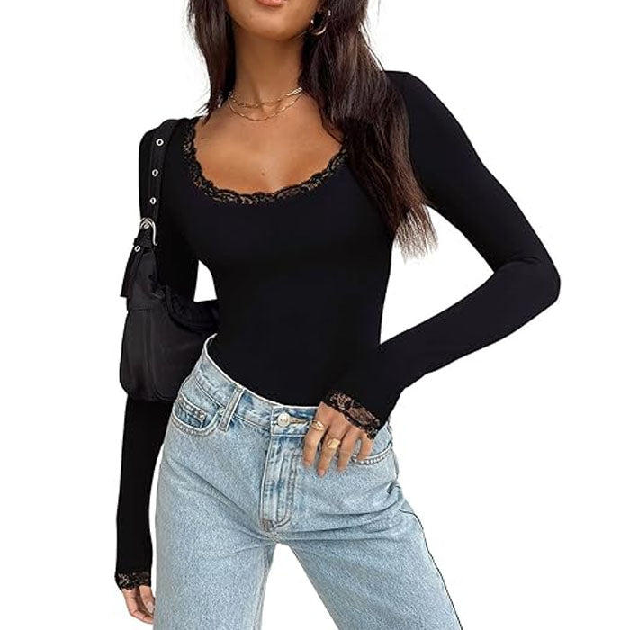 Women's Sexy Lace Scoop Neck Long Sleeve Double Lined Layering Slim Bodysuit Tops