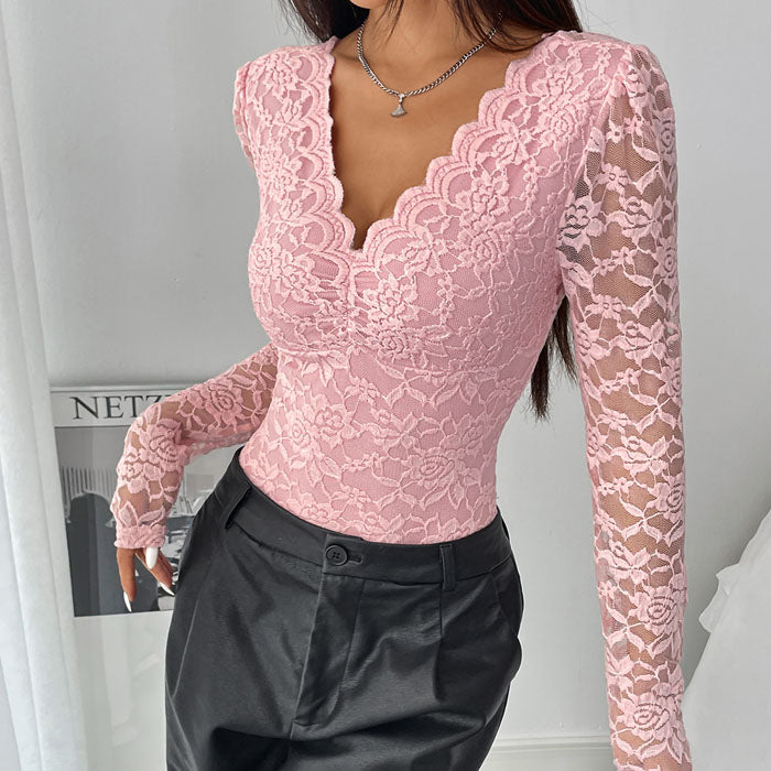 Tight Long Sleeve V-neck Lace Jumpsuit