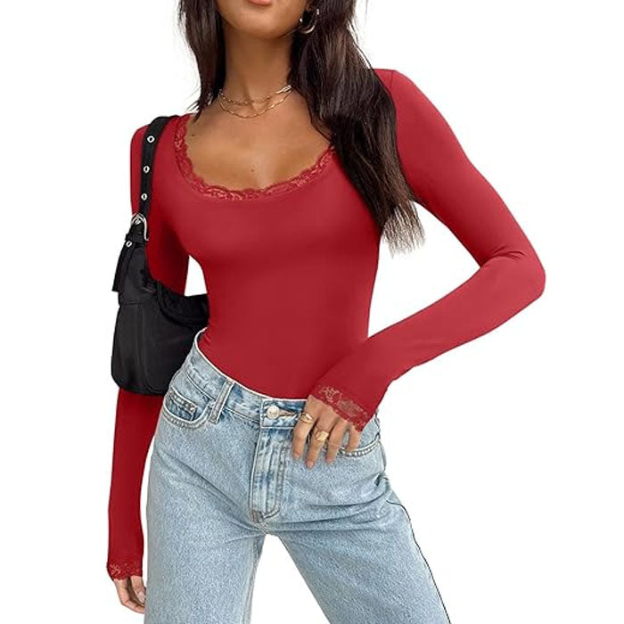 Women's Sexy Lace Scoop Neck Long Sleeve Double Lined Layering Slim Bodysuit Tops