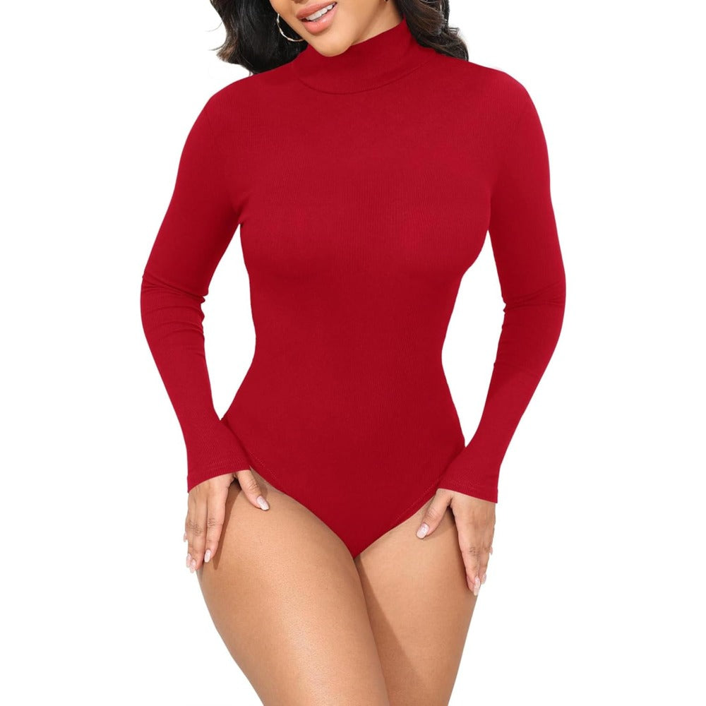 Womens Stretchy Long Sleeve Turtleneck Ribbed Knit Fitted Basic Bodysuit Shirt