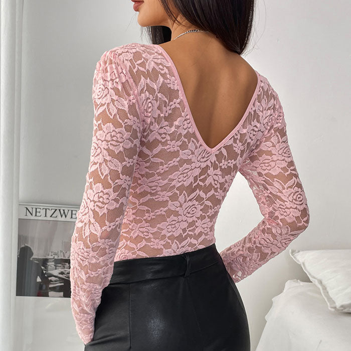 Tight Long Sleeve V-neck Lace Jumpsuit