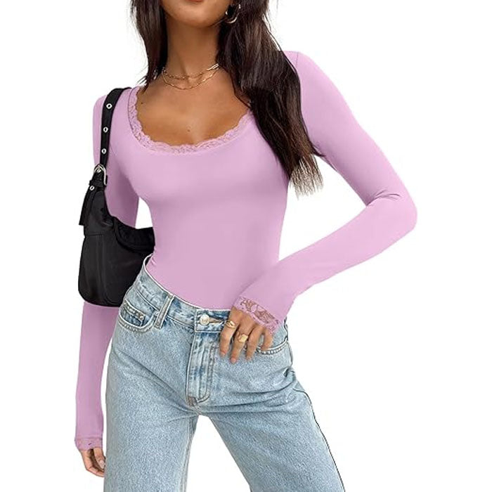 Women's Sexy Lace Scoop Neck Long Sleeve Double Lined Layering Slim Bodysuit Tops