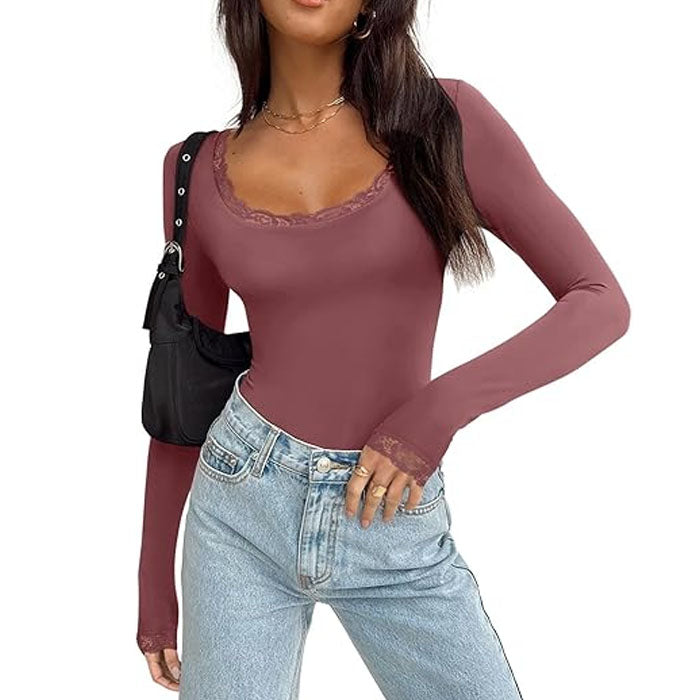 Women's Sexy Lace Scoop Neck Long Sleeve Double Lined Layering Slim Bodysuit Tops