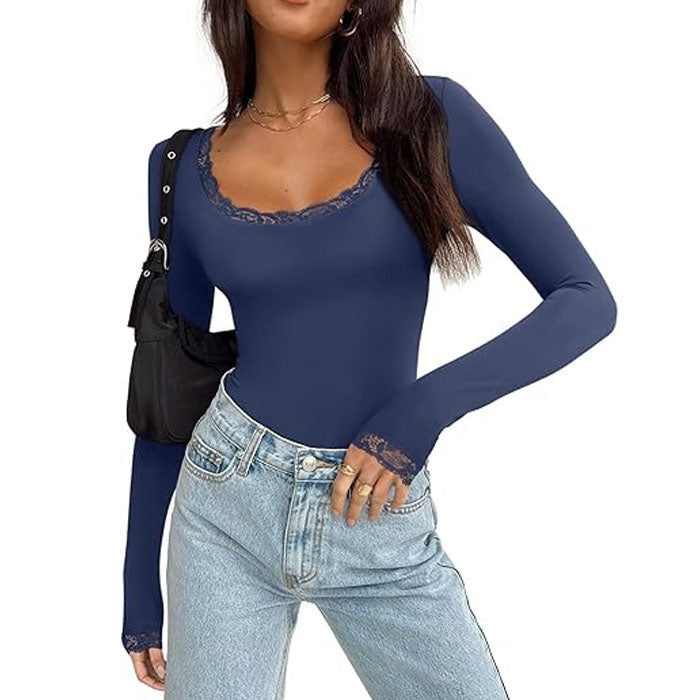 Women's Sexy Lace Scoop Neck Long Sleeve Double Lined Layering Slim Bodysuit Tops