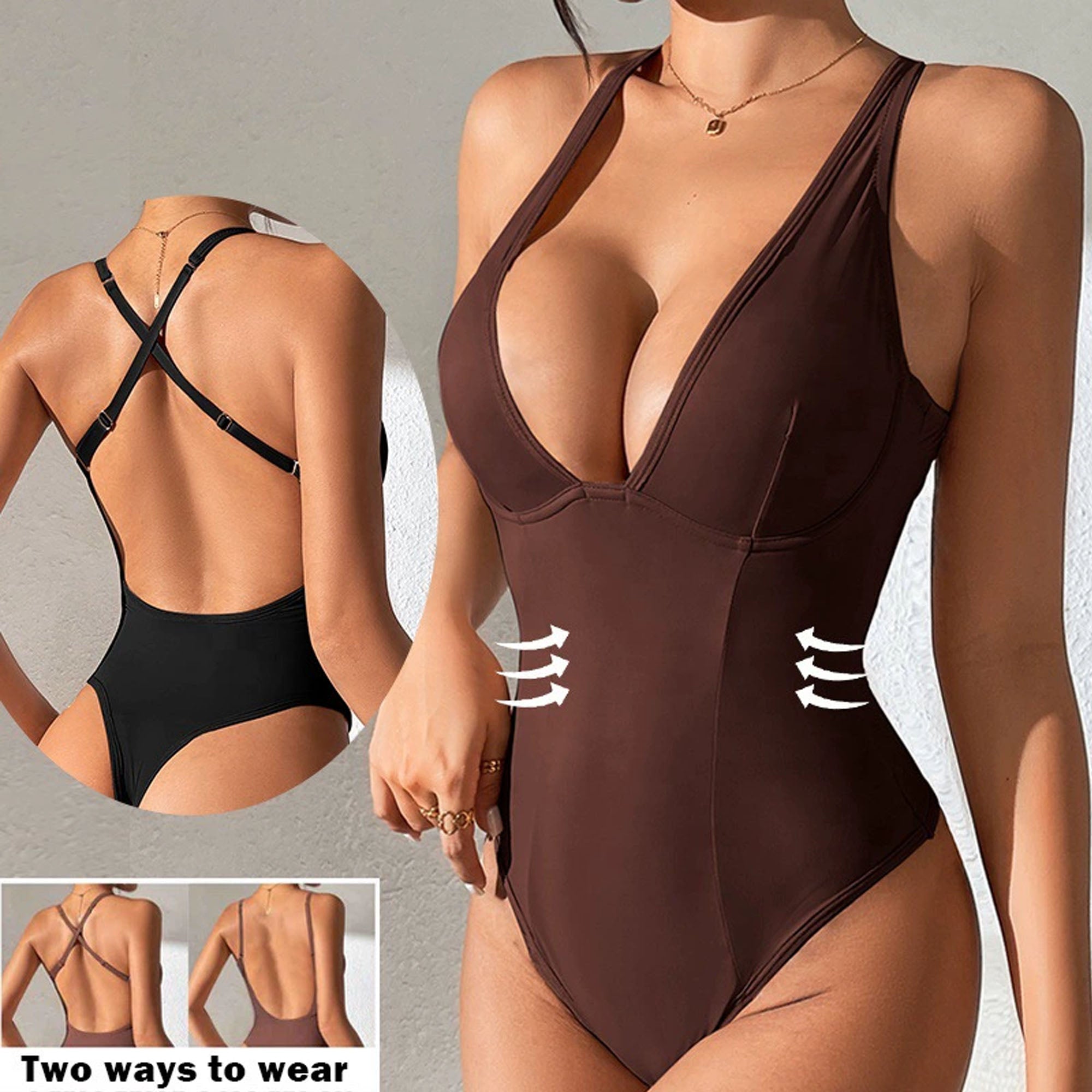 Women's V-Neck Thong Bodysuit Shapewear - Solid Cup, Low Back Body Shaper for Tummy Control & Butt Lift