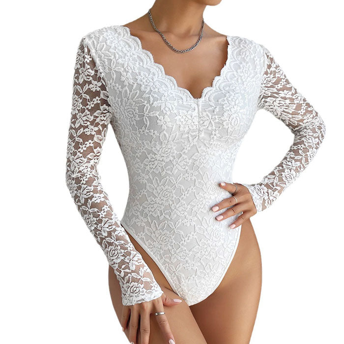 Tight Long Sleeve V-neck Lace Jumpsuit