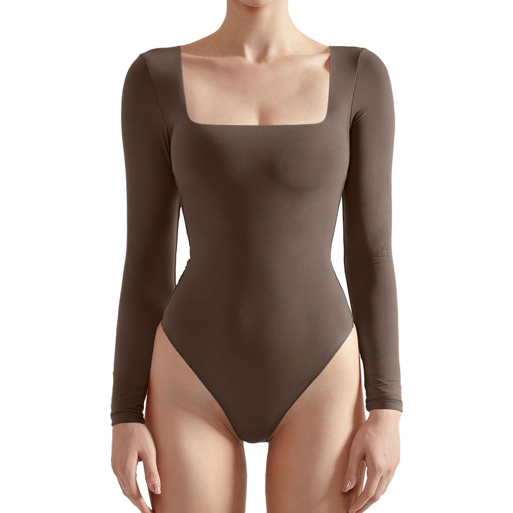 Women Square Neck Long Sleeve Bodysuit Sexy Thong Bodysuit Shirts