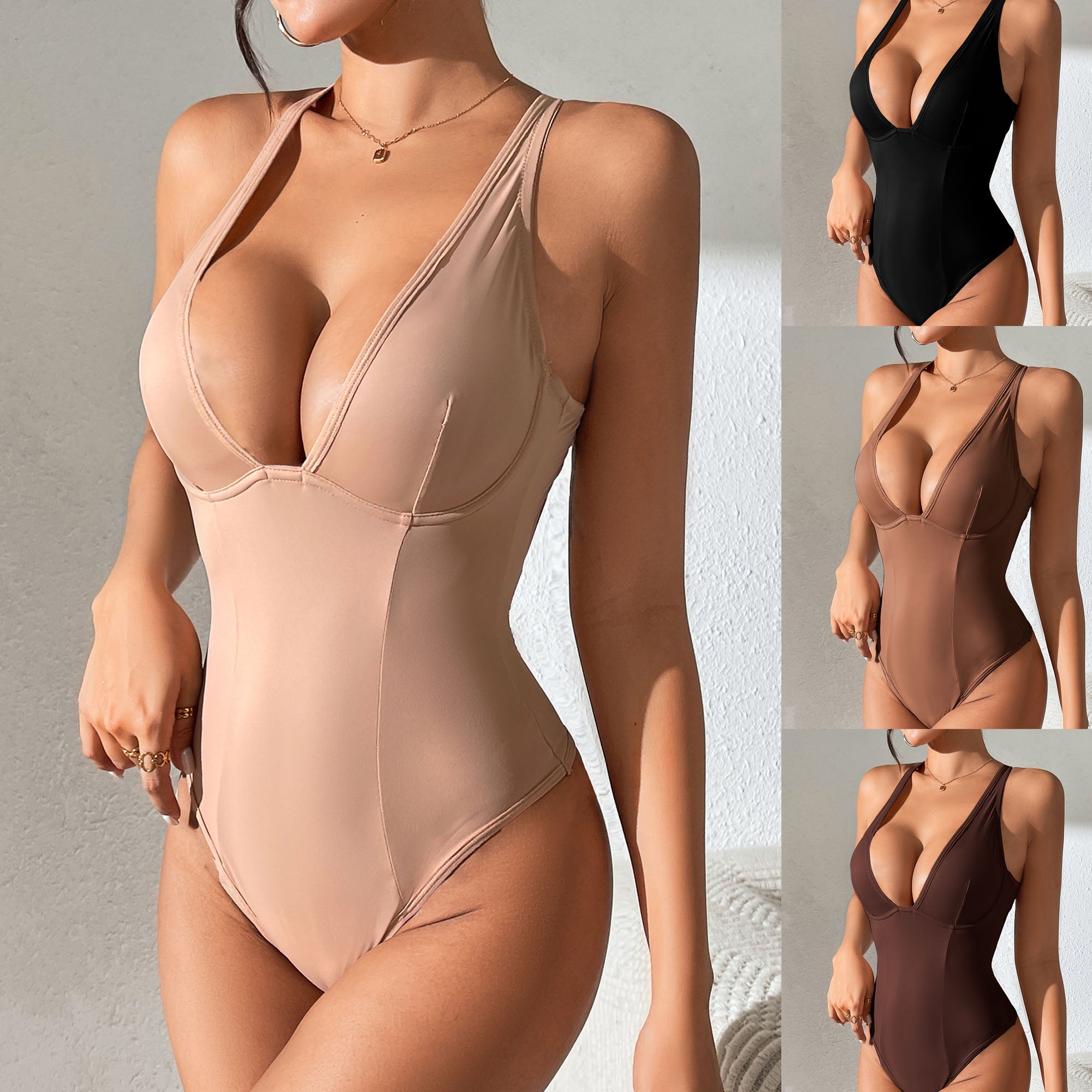 Women's V-Neck Thong Bodysuit Shapewear - Solid Cup, Low Back Body Shaper for Tummy Control & Butt Lift