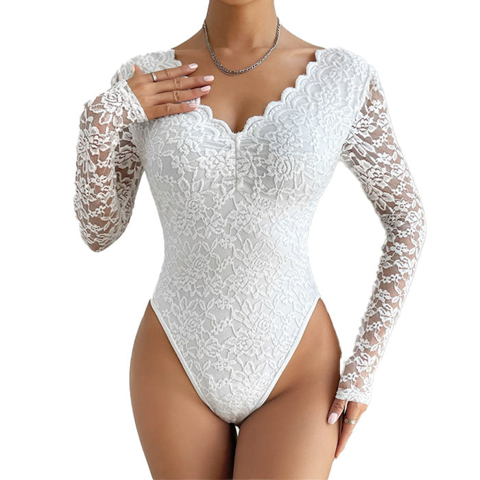 Tight Long Sleeve V-neck Lace Jumpsuit