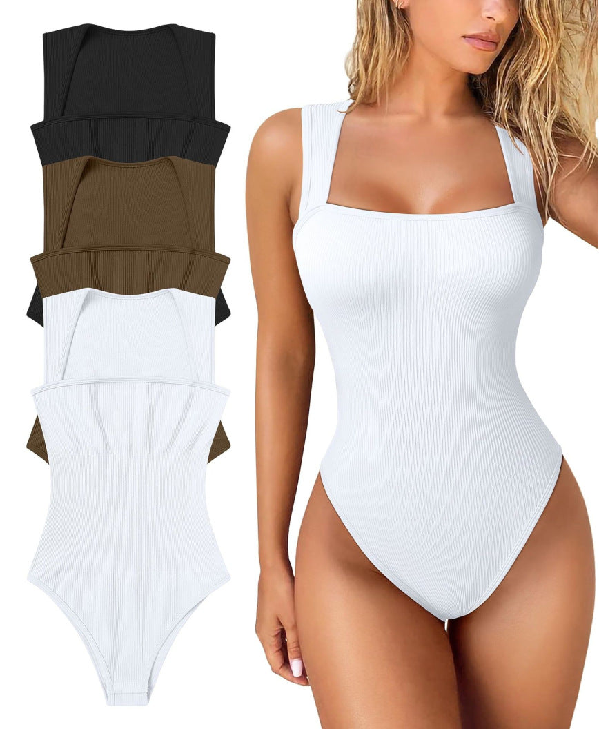 Womens Fitness Wear Bodysuits Stretchy Underwear Sexy Ribbed Square Neck Sleeveless Stretchy Tank Tops Bodysuits Soft Lady