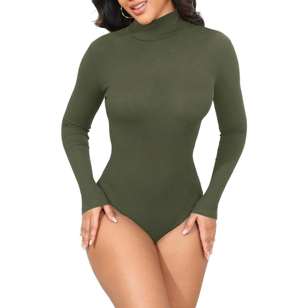 Womens Stretchy Long Sleeve Turtleneck Ribbed Knit Fitted Basic Bodysuit Shirt