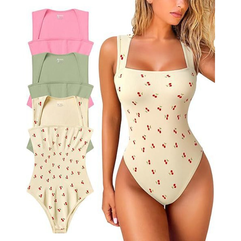 Womens Fitness Wear Bodysuits Stretchy Underwear Sexy Ribbed Square Neck Sleeveless Stretchy Tank Tops Bodysuits Soft Lady