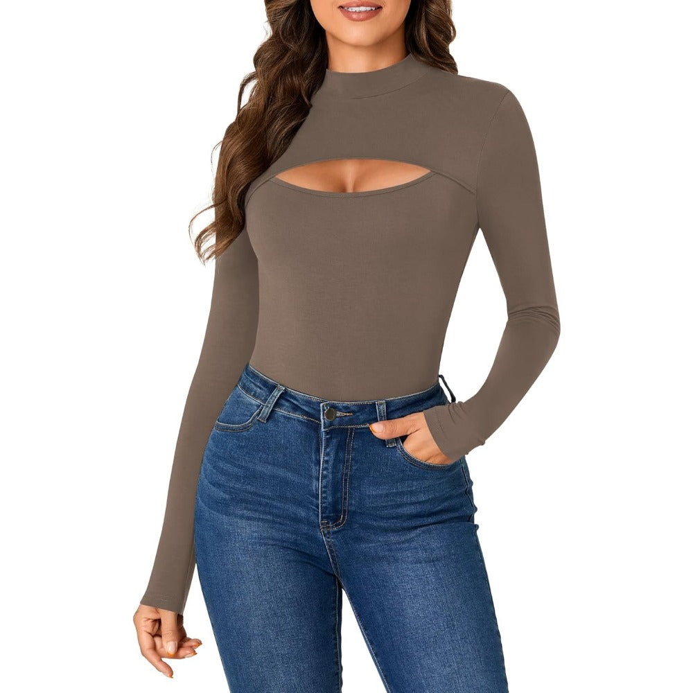 Women's Mock Neck Sexy Cutout Front Long Sleeve Slim Fit Bodysuit Leotard Top