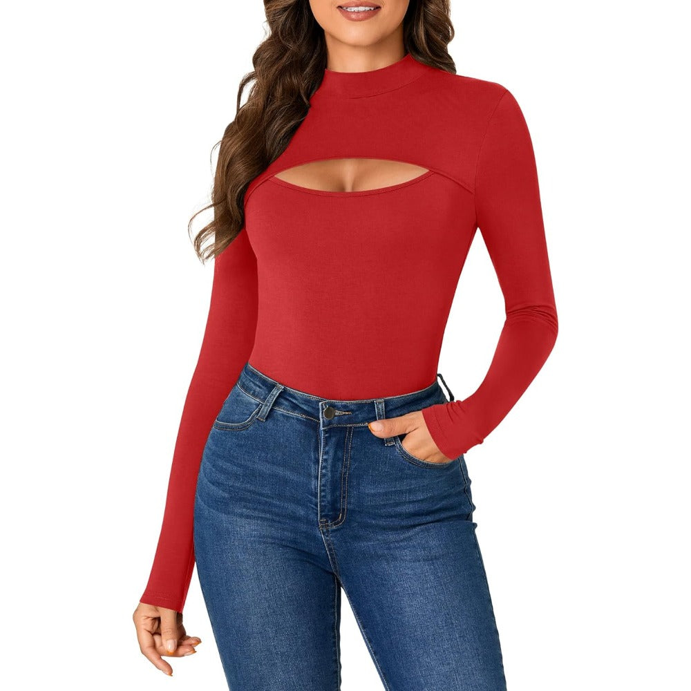 Women's Mock Neck Sexy Cutout Front Long Sleeve Slim Fit Bodysuit Leotard Top