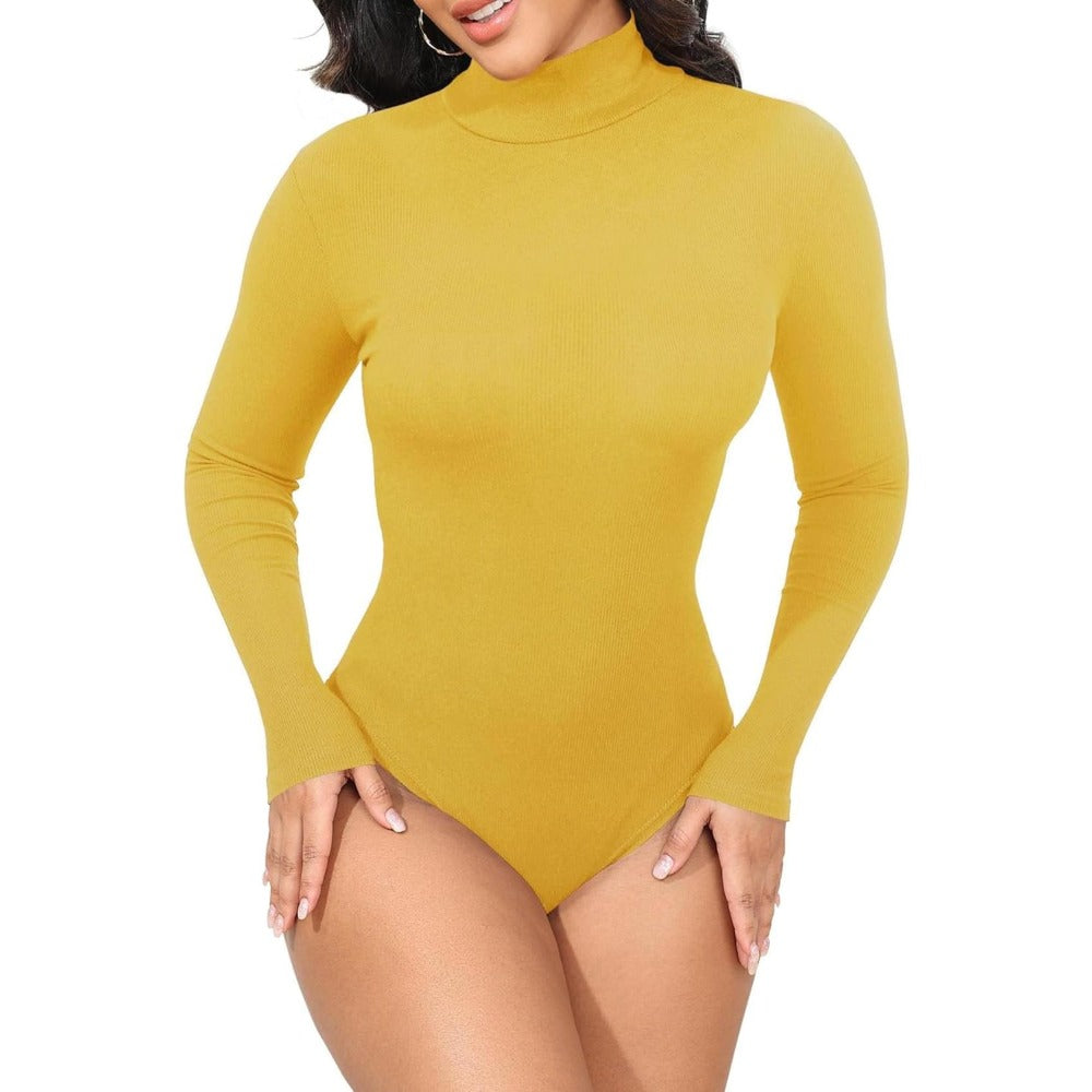 Womens Stretchy Long Sleeve Turtleneck Ribbed Knit Fitted Basic Bodysuit Shirt