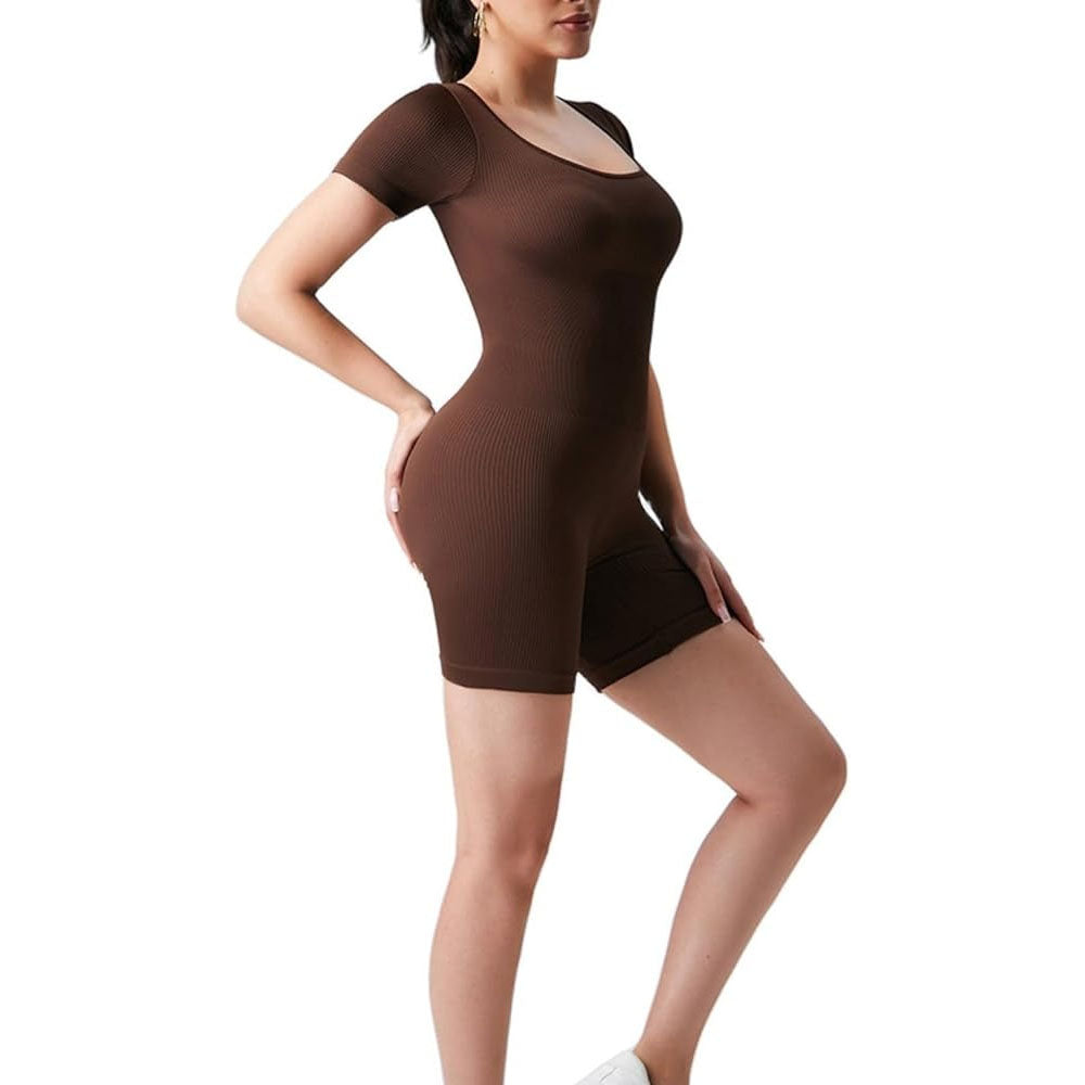 Women's Bodycon Short Sleeve Backless Rompers Yoga Sweetheart Neck Workout Shorts Bodysuit One Piece Jumpsuits