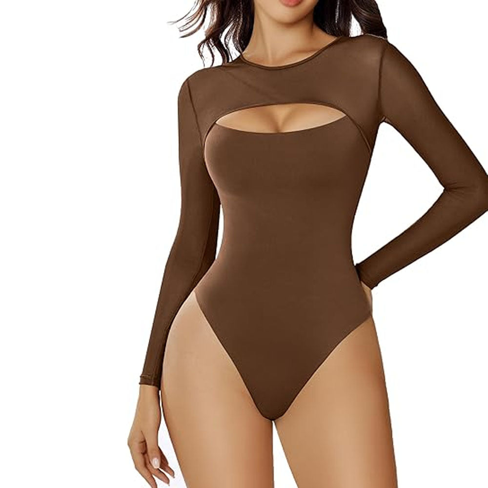 Bodysuits for Women Round Neck Shapewear Bodysuit Long Sleeve Bodysuit Sexy Mesh Top Double Lined Cutout Shirt