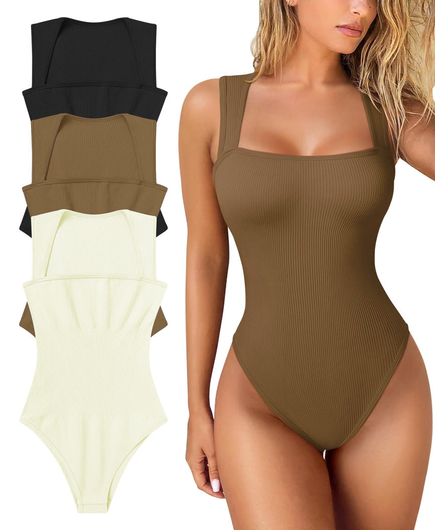 Womens Fitness Wear Bodysuits Stretchy Underwear Sexy Ribbed Square Neck Sleeveless Stretchy Tank Tops Bodysuits Soft Lady