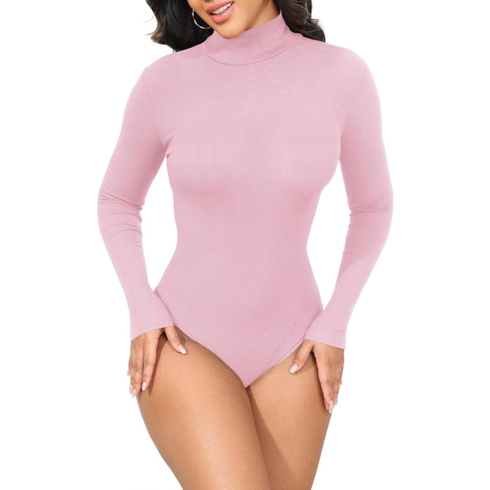 Womens Stretchy Long Sleeve Turtleneck Ribbed Knit Fitted Basic Bodysuit Shirt