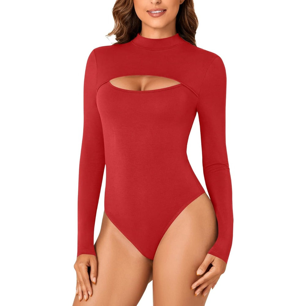 Women's Mock Neck Sexy Cutout Front Long Sleeve Slim Fit Bodysuit Leotard Top