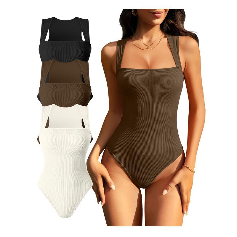 Womens Fitness Wear Bodysuits Stretchy Underwear Sexy Ribbed Square Neck Sleeveless Stretchy Tank Tops Bodysuits Soft Lady