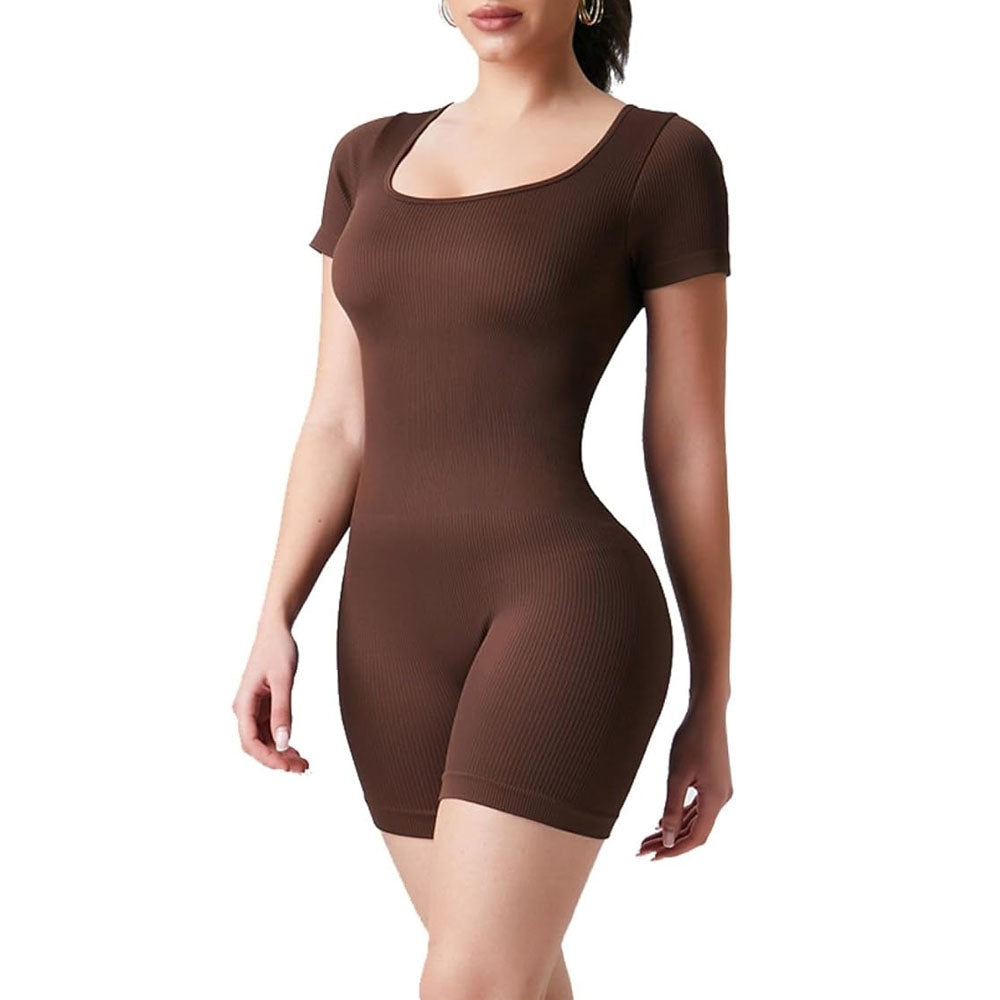 Women's Bodycon Short Sleeve Backless Rompers Yoga Sweetheart Neck Workout Shorts Bodysuit One Piece Jumpsuits