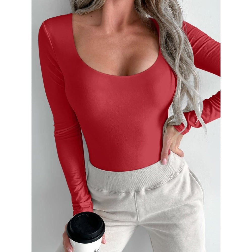 Women's Sexy Basic Scoop Neck Long Sleeve Bodysuit
