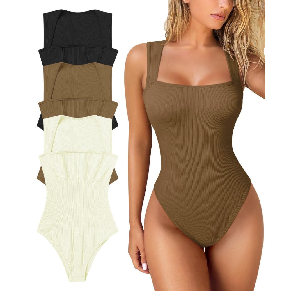 Womens Fitness Wear Bodysuits Stretchy Underwear Sexy Ribbed Square Neck Sleeveless Stretchy Tank Tops Bodysuits Soft Lady
