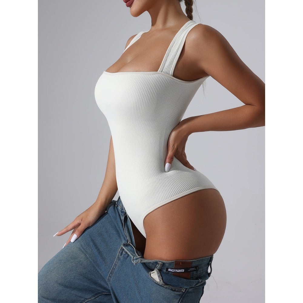 Womens Fitness Wear Bodysuits Stretchy Underwear Sexy Ribbed Square Neck Sleeveless Stretchy Tank Tops Bodysuits Soft Lady