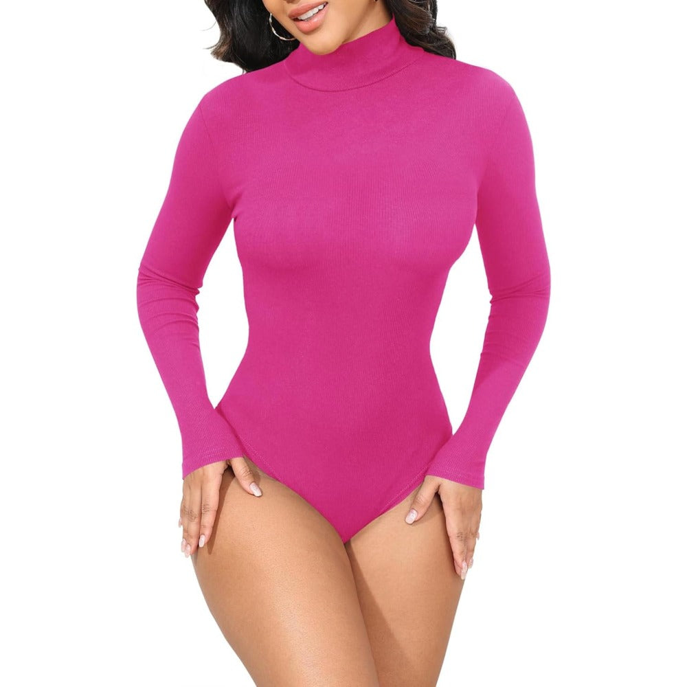Womens Stretchy Long Sleeve Turtleneck Ribbed Knit Fitted Basic Bodysuit Shirt