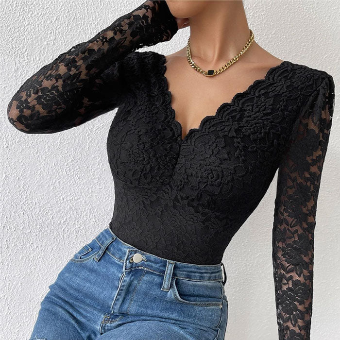 Tight Long Sleeve V-neck Lace Jumpsuit