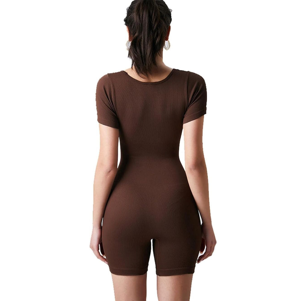 Women's Bodycon Short Sleeve Backless Rompers Yoga Sweetheart Neck Workout Shorts Bodysuit One Piece Jumpsuits