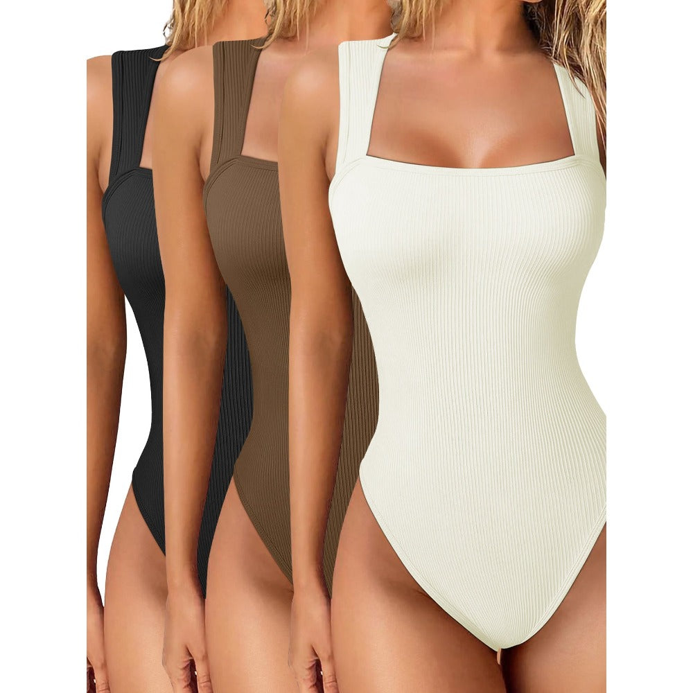 Womens Fitness Wear Bodysuits Stretchy Underwear Sexy Ribbed Square Neck Sleeveless Stretchy Tank Tops Bodysuits Soft Lady