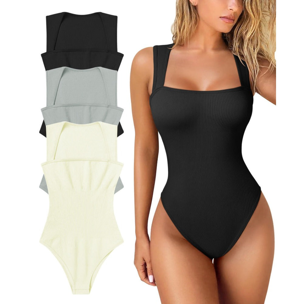 Womens Fitness Wear Bodysuits Stretchy Underwear Sexy Ribbed Square Neck Sleeveless Stretchy Tank Tops Bodysuits Soft Lady