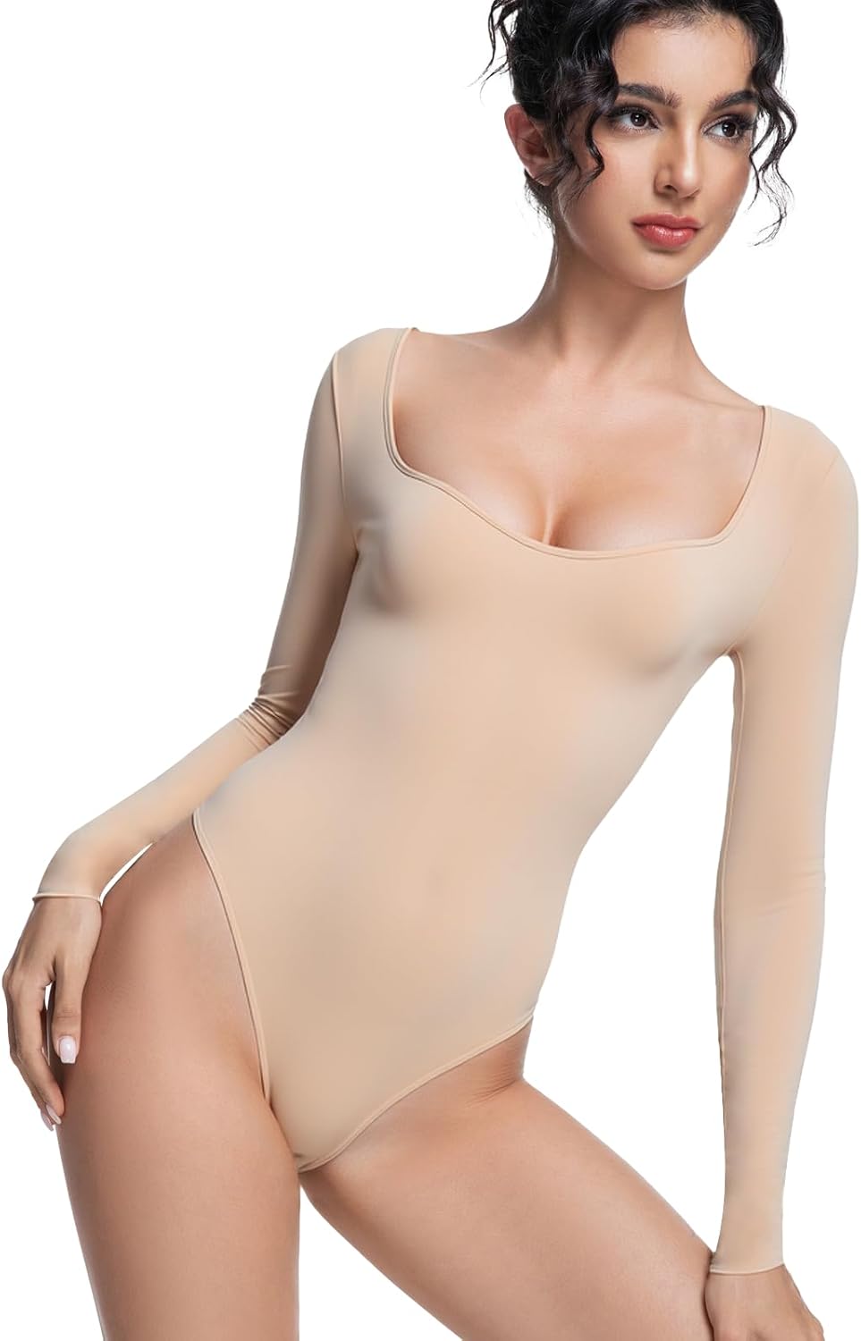 Womens Long Sleeve Bodysuit Tops Square V Neck Slimming Brazilian Double Lined for Going Out Spring Summer