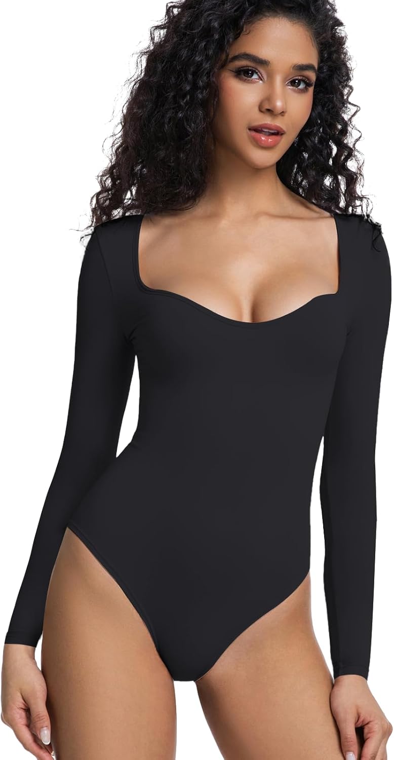 Womens Long Sleeve Bodysuit Tops Square V Neck Slimming Brazilian Double Lined for Going Out Spring Summer