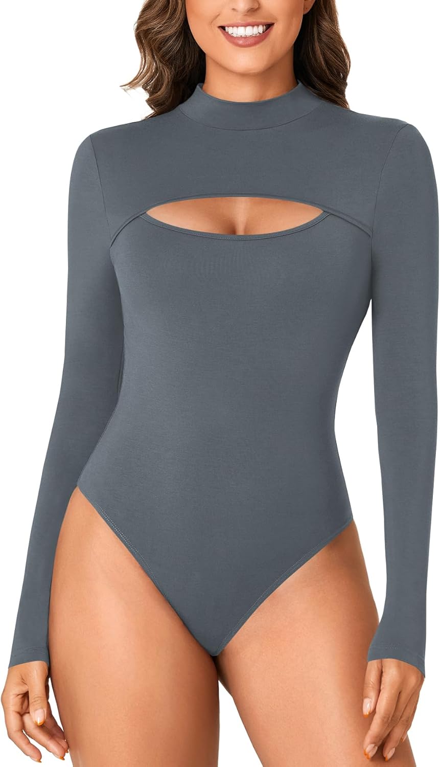 Women's Mock Neck Sexy Cutout Front Long Sleeve Slim Fit Bodysuit Leotard Top