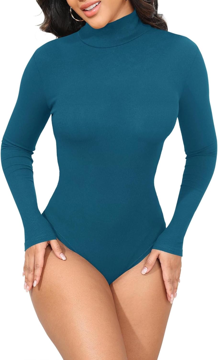 Womens Stretchy Long Sleeve Turtleneck Ribbed Knit Fitted Basic Bodysuit Shirt