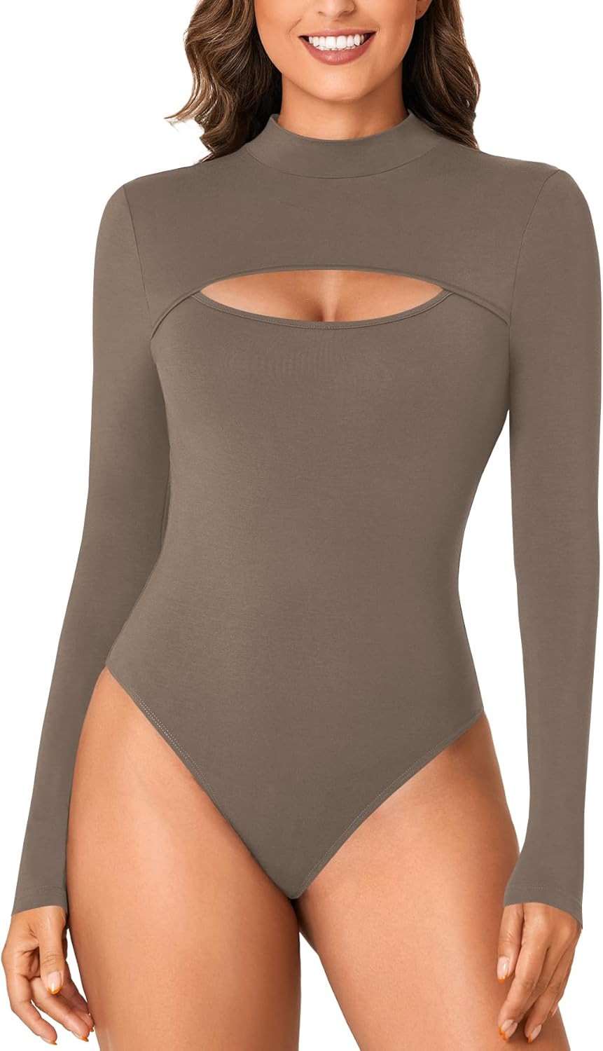 Women's Mock Neck Sexy Cutout Front Long Sleeve Slim Fit Bodysuit Leotard Top