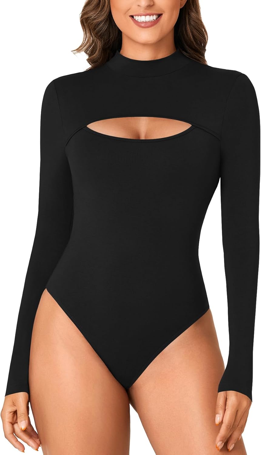 Women's Mock Neck Sexy Cutout Front Long Sleeve Slim Fit Bodysuit Leotard Top