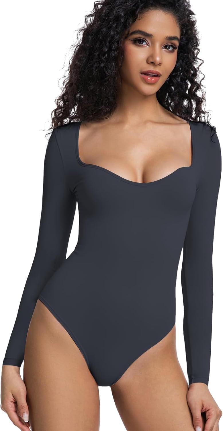 Womens Long Sleeve Bodysuit Tops Square V Neck Slimming Brazilian Double Lined for Going Out Spring Summer