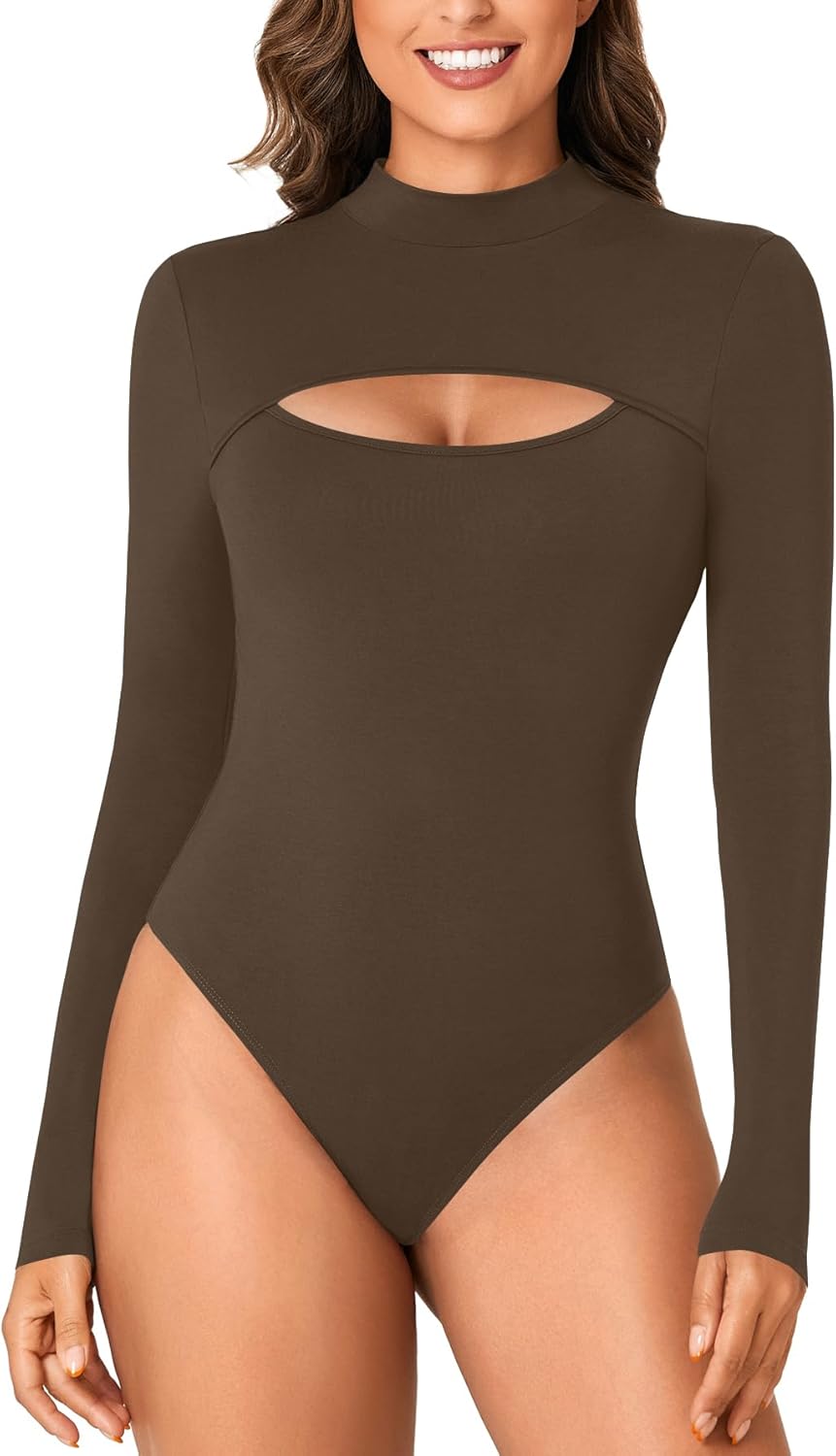 Women's Mock Neck Sexy Cutout Front Long Sleeve Slim Fit Bodysuit Leotard Top