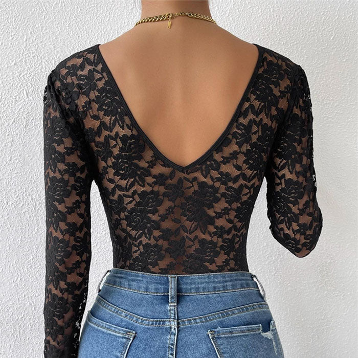 Tight Long Sleeve V-neck Lace Jumpsuit