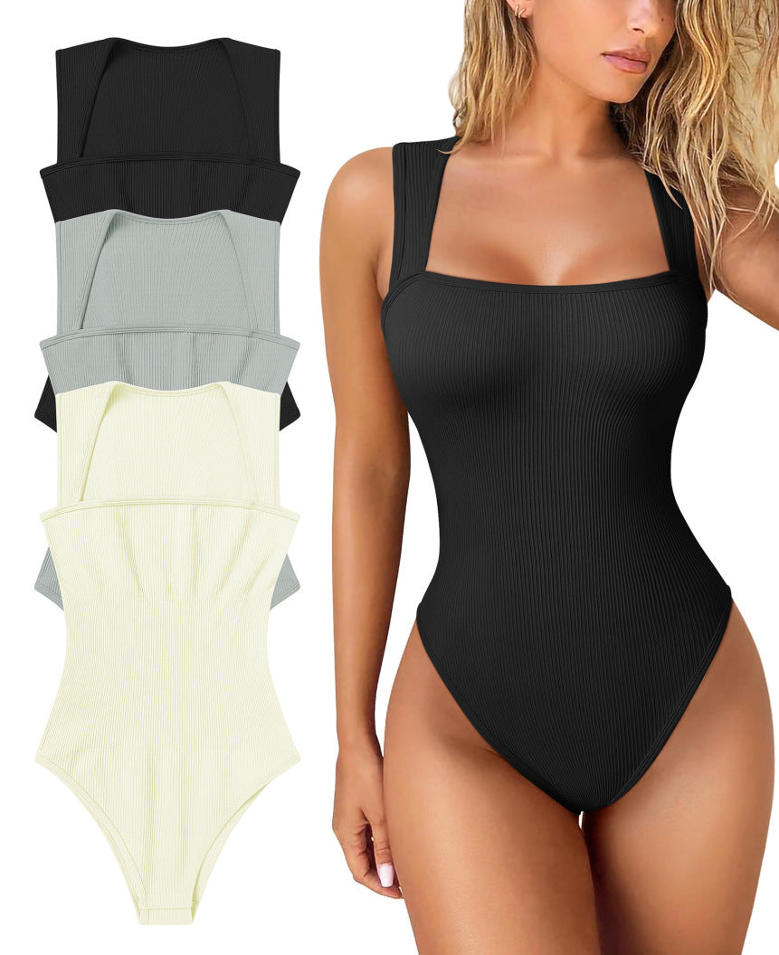 Womens Fitness Wear Bodysuits Stretchy Underwear Sexy Ribbed Square Neck Sleeveless Stretchy Tank Tops Bodysuits Soft Lady
